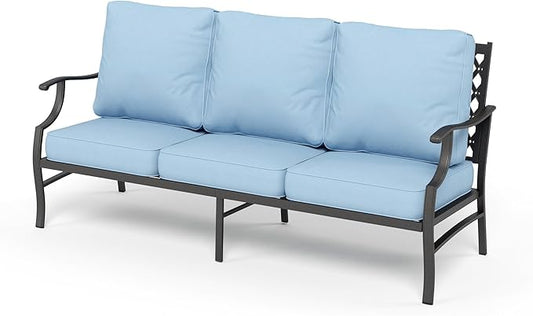 HERA'S HOUSE Patio Furniture Sofa, All-Weather Outdoor 3 Seats Couch, Outdoor Patio Couch with Deep Seating and Olefin Cushions for Lawn Garden Backyard, Blue