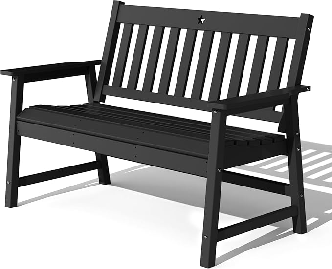 Outdoor Bench,2-Person Garden Bench,HDPE Outdoor Benches Weatherproof,Porch Bench with Backrest and Armrests for Patio,Backyard, Porch and Park,Coffee,810 Lbs Max Load Black