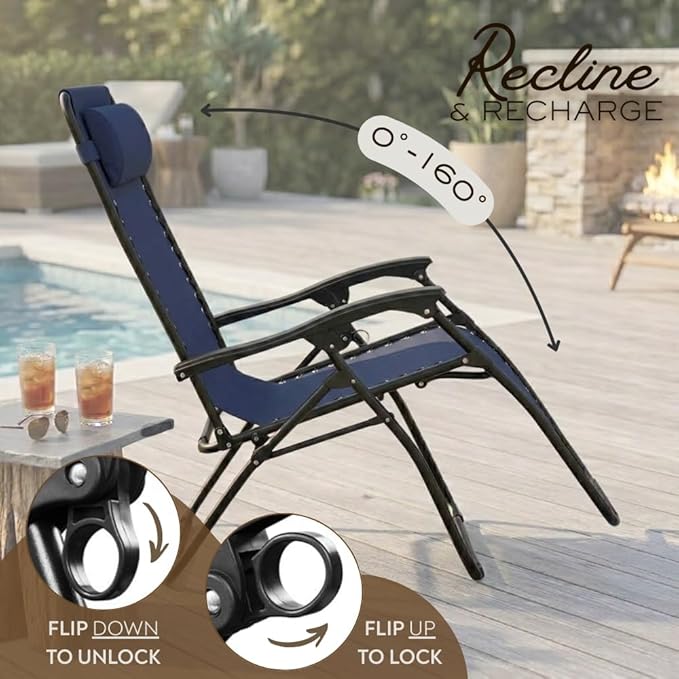 2-Pack Adjustable Zero Gravity Lounge Chair with Steel Mesh Fabric: Reclining Lawn Chair Featuring Comfort Pillow - Photo 4