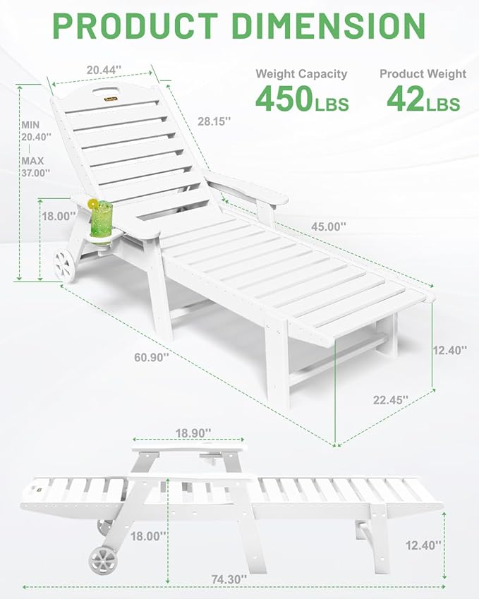 Lounge Chair Outdoor, Chaise Lounge Outdoor, HDPE 6-Position Lounge Chair for Outside - Photo 3