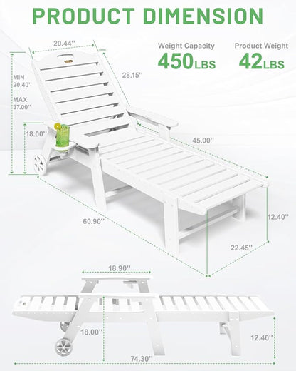 Lounge Chair Outdoor, Chaise Lounge Outdoor, HDPE 6-Position Lounge Chair for Outside, Patio Lounge Chair with Wheels & Cup Holder for Pool Poolside Deck Backyard, White