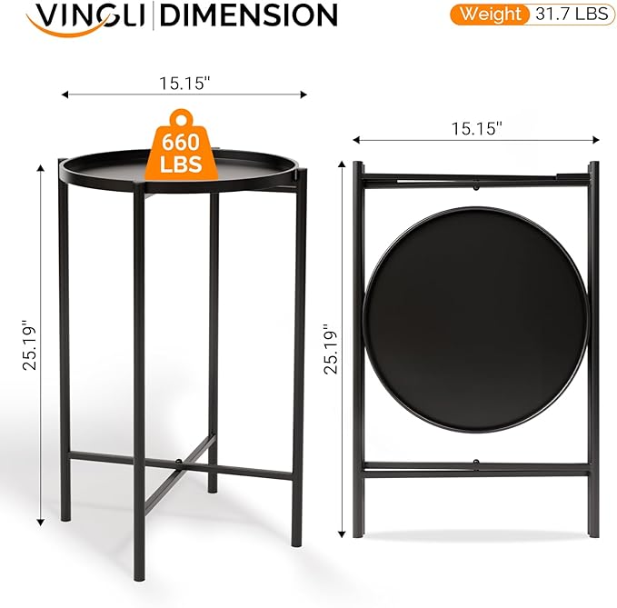 VINGLI Round Metal Side Table with Removable Tray, Outdoor Patio Coffee Table, Waterproof End Table for Small Spaces, Outdoor Patio, Living Room, Bedroom, Balcony (X-Brace & Non-Slip Pads) (1, Black)