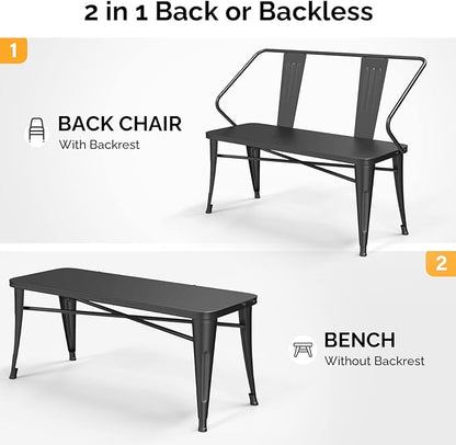 45” Outdoor Metal Bench, Industrial Dining Bench with Removable Backrest, 2-3 Person Weatherproof Vintage Porch Bench for Kitchen Balcony Garden (45" Black Pure Iron)