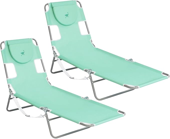 Ostrich Chaise Lounge Outdoor Portable Folding 4 Position Recliner Chair for Beach, Patio, Camp, and Pool with Carrying Strap, Teal (2 Pack)