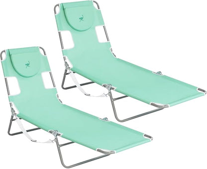 Ostrich Chaise Lounge Outdoor Portable Folding 4 Position Recliner Chair for Beach, Patio, Camp, and Pool with Carrying Strap, Teal (2 Pack)