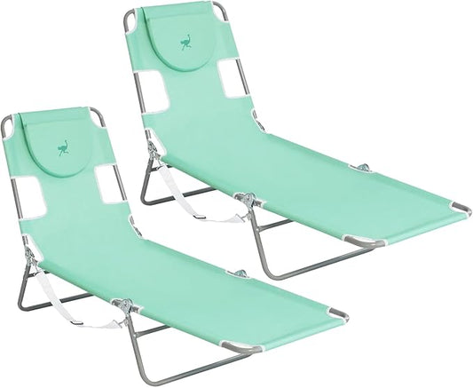 Ostrich Chaise Lounge Outdoor Portable Folding 4 Position Recliner Chair for Beach, Patio, Camp, and Pool with Carrying Strap, Teal (2 Pack)