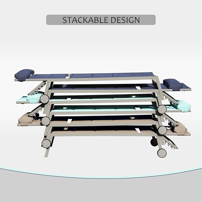 Domi Patio Chaise Lounge Set of 2 with Side Table, Adjustable Full Aluminum Pool Lounge for Outside with Wheels - Photo 5