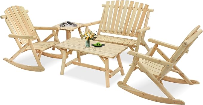 5-Piece Outdoor Log Wood Rocking Set, Rustic Wooden Conversation Set Including 2-Seater Loveseat, 2 Coffee Tables, 2 Log Rocker Chairs, Patio Furniture Chair Set for Garden, Lawn Yard, Natural