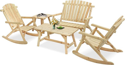 5-Piece Outdoor Log Wood Rocking Set, Rustic Wooden Conversation Set Including 2-Seater Loveseat, 2 Coffee Tables, 2 Log Rocker Chairs, Patio Furniture Chair Set for Garden, Lawn Yard, Natural