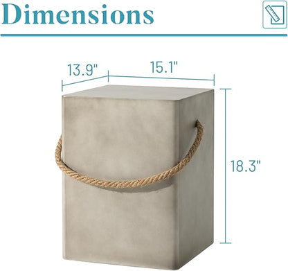 SUNBURY Outdoor Side Table, 18" H Concrete Side Table w Hemp Rope, End Table for Patio, Outdoor Coffee Table in Medium Gray, Garden Plant Stands
