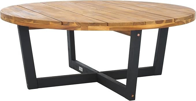 SAFAVIEH Outdoor Collection Leo Natural/Black 4-Leg Round Coffee Table, Ideal for Deck, Patio, Backyard, Sunroom - Photo 4