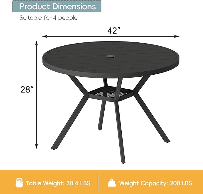 42" Outdoor Patio Table Dining Table, All Weather Metal Round Patio Table with Adjustable Umbrella Hole - Photo 3