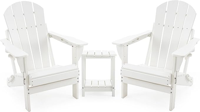 Folding Adirondack Chair Set with Side Table - HDPE Outdoor Patio Chairs, Weatherproof Chair with Reclining Back, Cup & Phone Holder, and 2-Tier Storage End Table for Firepit or Garden (White)