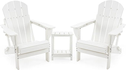 Folding Adirondack Chair Set with Side Table - HDPE Outdoor Patio Chairs, Weatherproof Chair with Reclining Back, Cup & Phone Holder, and 2-Tier Storage End Table for Firepit or Garden (White)