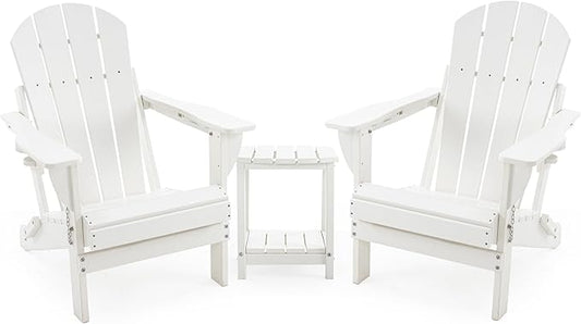 Folding Adirondack Chair Set with Side Table - HDPE Outdoor Patio Chairs, Weatherproof Chair with Reclining Back, Cup & Phone Holder, and 2-Tier Storage End Table for Firepit or Garden (White)