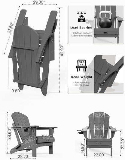 MUCHENGHY Folding Adirondack Chairs HDPE Weather Resistant 4 Pack, Patio Firepit Chairs, Sturdy Outside Chairs, Lawn Chairs, 15min Assembly 380lb Grey