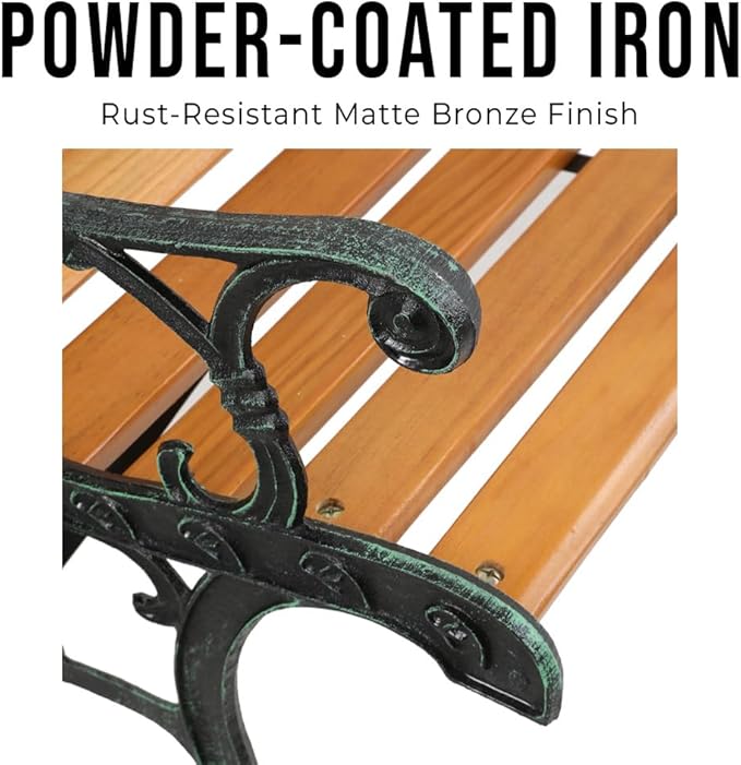 49" Outdoor Wood Bench for Garden, Patio & Porch, 2-Person Bench with Iron Armrests, PVC Backrest, Weather-Resistant Hardwood Seat, Natural Wood & Bronze
