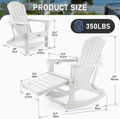 FUNBERRY Adirondack Rocking Chair, Multifunctional 4-in-1 Porch Rocker with Retractable Ottoman & Cup Holder HDPE All Weather