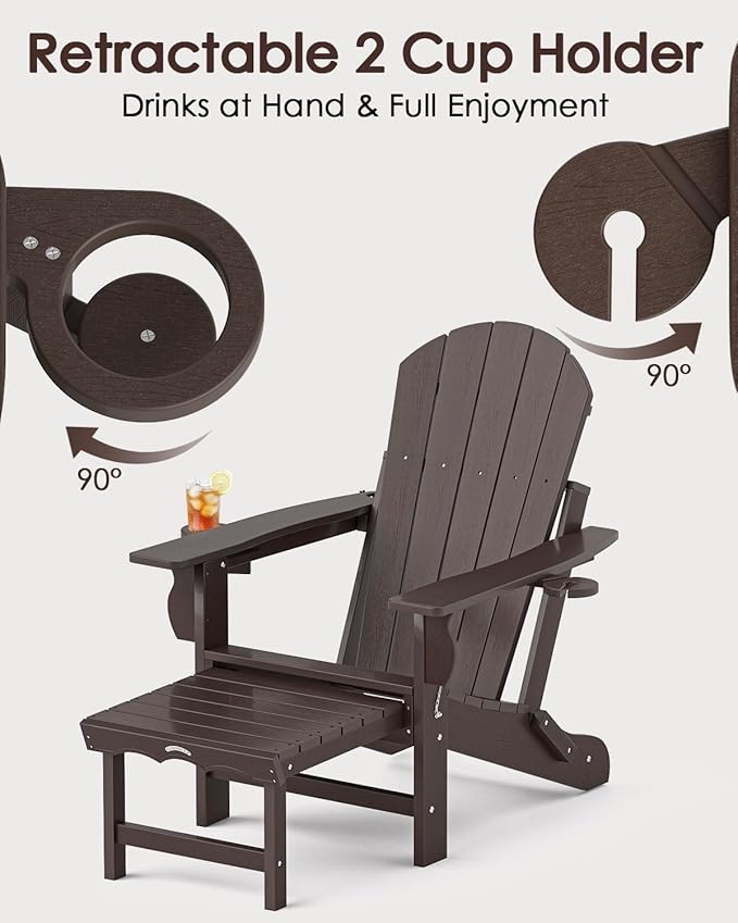 Folding Adirondack Chair with Ottoman, Recyclable HDPE Adirondack Patio Chair with 2 Cup Holder, Outdoor Fire Pit Chairs with Pull Out Footrest, Weather Resistant for Garden, Deck, Poolside, Brown