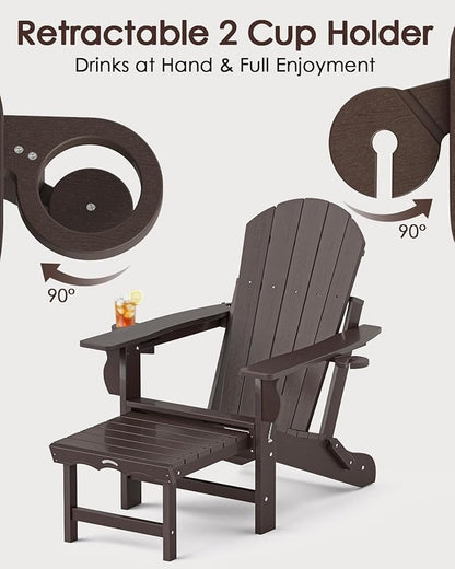 Folding Adirondack Chair with Ottoman, Recyclable HDPE Adirondack Patio Chair with 2 Cup Holder, Outdoor Fire Pit Chairs with Pull Out Footrest, Weather Resistant for Garden, Deck, Poolside, Brown