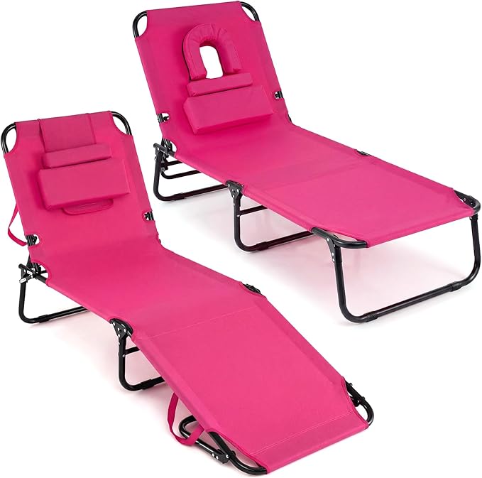 COSTWAY Tanning Chair with Face Hole, Pillows & Adjustable Backrest, Portable with Carrying Bag, Folding Beach Chaise Lounge for Sunbathing, Seaside (2, Pink)