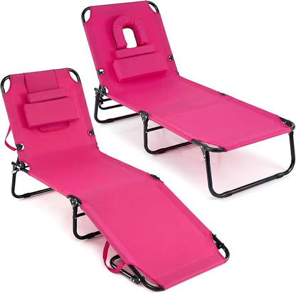 COSTWAY Tanning Chair with Face Hole, Pillows & Adjustable Backrest, Portable with Carrying Bag, Folding Beach Chaise Lounge for Sunbathing, Seaside (2, Pink)