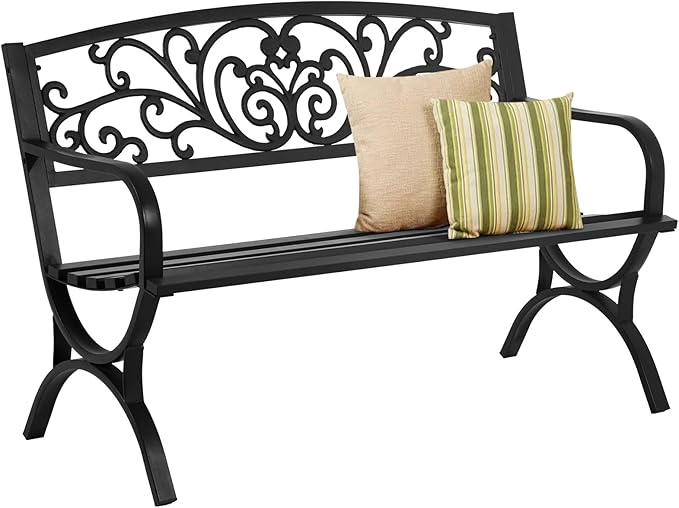 BSTOPHKL 50 Inches Outdoor Garden Bench,Metal Outdoor Furniture Patio Park Bench with Armrests Slatted Seat and Floral Design Backrest for Courtyard Porch Lawn Garden,Black