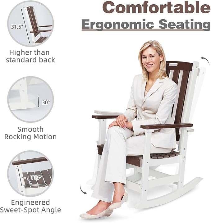 Aoodor Outdoor Rocking Chair, Ergonomic HDPE Rockers with All-Weather Design for Patio or Porch, Clashing Colors, Brown and White