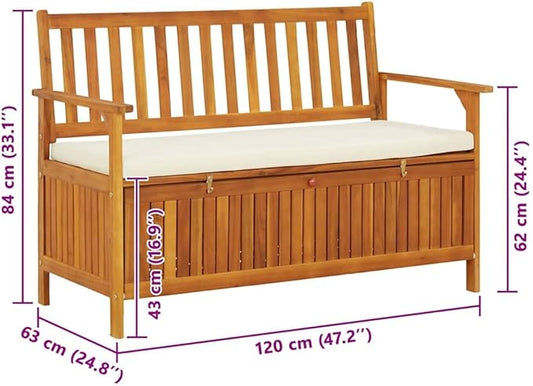 vidaXL Solid Acacia Wood Outdoor Storage Bench with Backrest, Armrests, and Cushion - 47.2"x24.8"x33.1" ic Patio Furniture with Large Storage Compartment