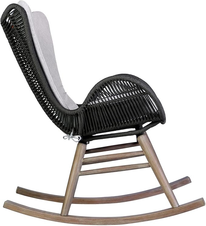 Armen Living Fanny Outdoor Patio Rocking Chair in Light Eucalyptus Wood and Charcoal Rope