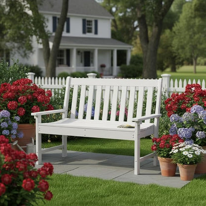 Tangkula HDPE Outdoor Garden Bench with Backrest, 2-Person All-Weather Patio Loveseat Chair with Slatted Seat, 705 lbs Weight Capacity, Patio Benches for Balcony, Garden, Porch, Backyard & Park, White