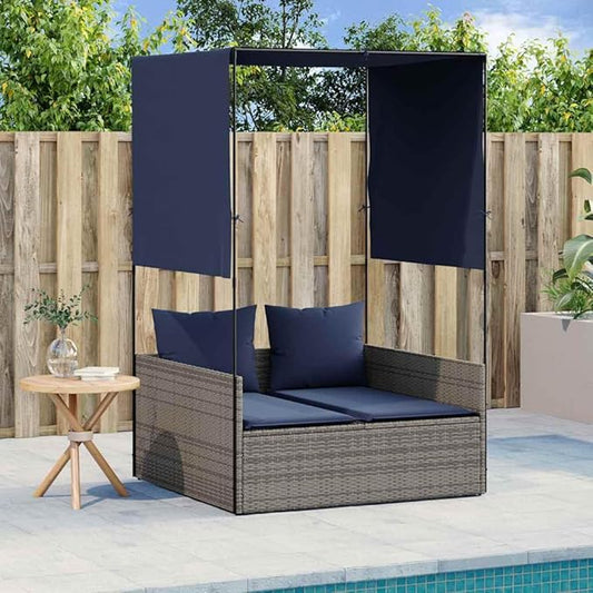 Gray Poly Rattan Patio Double Sun Lounger 17 x 18.3 x 29 in Navy Cushions Outdoor Lounge Chair for Two with Adjustable Roof & Curtains for Garden, Poolside, Balcony