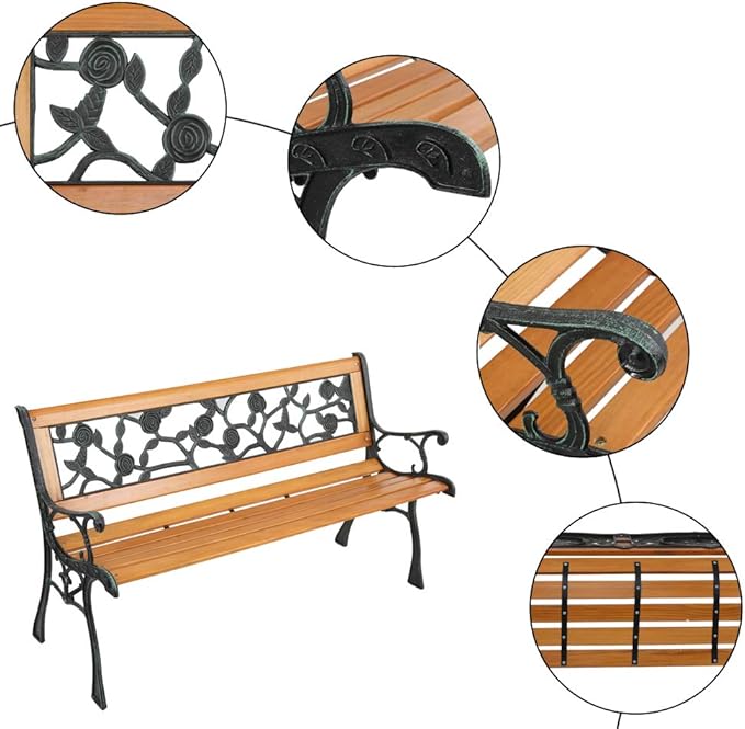 Knocbel 49 Inch Industrial Outdoor Bench Patio Garden Porch Chair Loveseat Weather-Resistant with Wood Slatted Seat, Curved Armrests & Metal Frame, 330lbs Weight Capacity (Bronze and Natural)