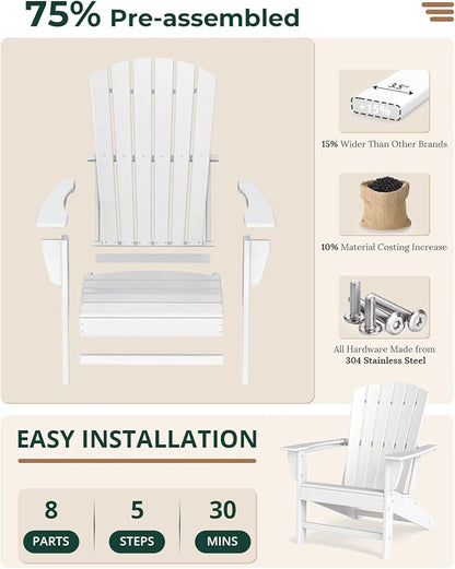 BRIOPAWS Adirondack-Chairs-Set of 4 | Fire Pit Chair | Oversized | HDPE Plastic | Weather Resistant | for Deck Outdoor Poolside Campfire | White