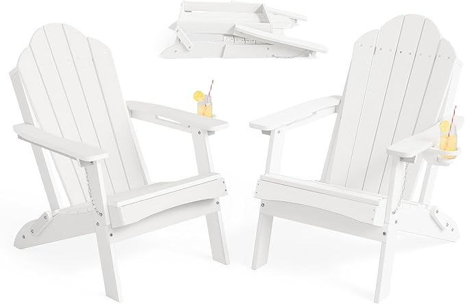 LUE BONA Folding Adirondack Chair, Chairs Set of 8, Cup Holder, Woodgrain, Fire Pit, Patio, Pool, White - Photo 7