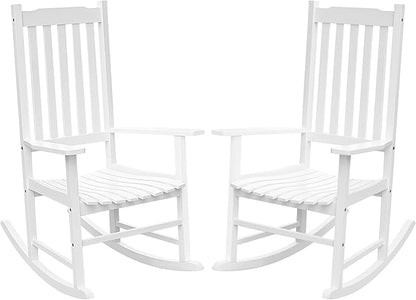 Flamaker Acacia Wood Patio Rocking Chair Set of 2, High Back and Widen Armrest for Adults, Solid Wood Porch Rocking Chair for Lawn, Garden, Backyard (White)