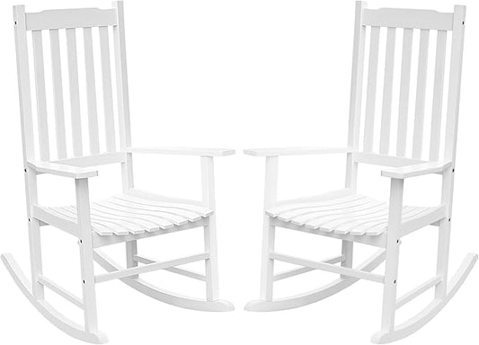 Flamaker Acacia Wood Patio Rocking Chair Set of 2, High Back and Widen Armrest for Adults, Solid Wood Porch Rocking Chair for Lawn, Garden, Backyard (White)