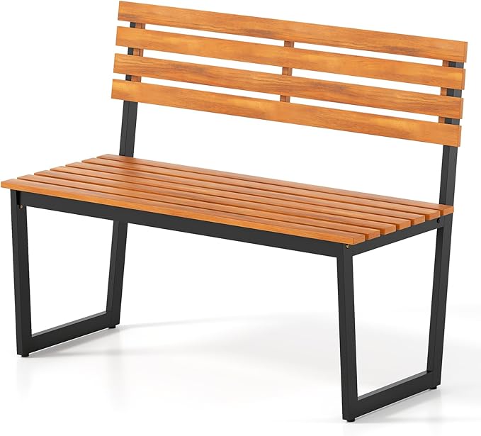 HOMGX Outdoor Bench, 43-Inch Acacia Wood Patio Loveseat with No-Arms Design, Sturdy Black Metal Frame & Teak Finish, Modern 2-Person Garden Bench for Porch, Yard and Lawn