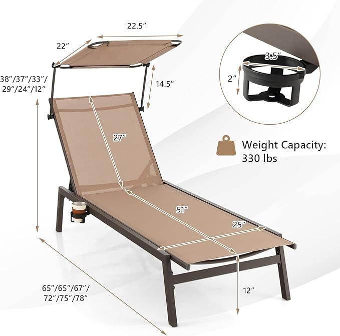 Tangkula 2 Pieces Patio Chaise Lounge Chair, Outdoor Recliner with Adjustable Canopy & Cup Holder, 6-Level Backrest, Heavy-Duty Metal Reclining Lounger for Poolside, Backyard (Brown)