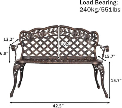 LEEXCCOS Updated Version & Stronger 42.5" Metal Garden Benches for Outdoors, More Weather Resistant Park Bench Metal Bench Leisure Rose Chair for 2 Person Seat, Patio Front Porch Furniture (Bronze)
