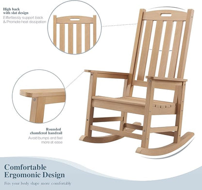 Psilvam Oversized Outdoor Rocking Chair, with 21" Wide Seat and 32" Tall Backrest, Pre-Assembled with Most Components for Effortless Installation (Teak Color)