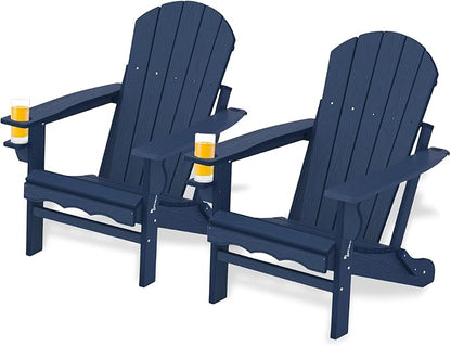 Folding Adirondack Chairs Set of 2, HDPE Plastic Adirondack Chair with Cup Holder Weather Resistant, Wood Texture Outdoor Fire Pit Chairs for Patio Garden,Poolside and Deck, Umbrella Hole, Dark Blue
