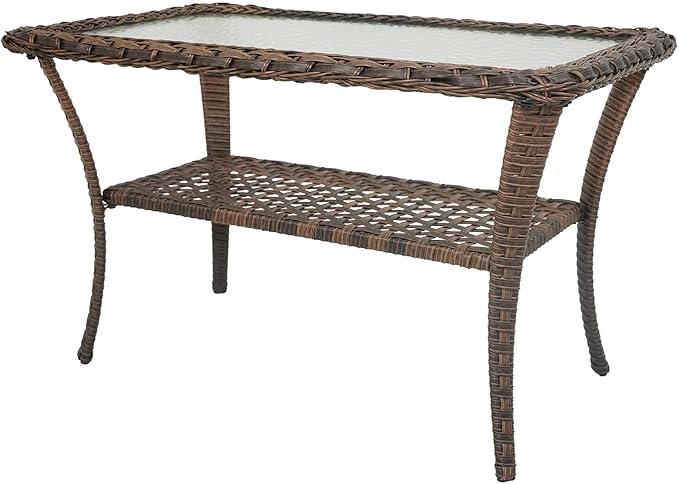 Belord 38 Inch Outdoor Coffee Table with 2 Tier Storage - Wicker Coffee Table with Water Ripple Texture Tempered Glass - Photo 1
