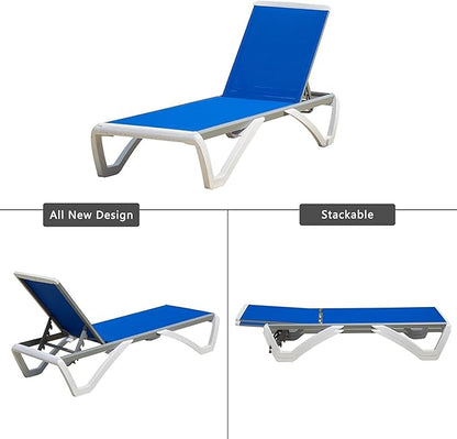 Domi Outdoor Chaise Lounge, Adjustable Aluminum Patio Lounge, Plastic Pool Lounge Chair for Deck Lawn Backyard (1 Blue Chair W/O Table)
