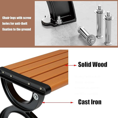 Patio Garden Bench 47" 59" 71" Outdoor Bench Cast Iron Metal Frame & Comfort Wood Seat, Backrest/Backless Porch Benches for Park, Yard, Porch, Lawn, Balcony, Backyard(Orange,180cm/70.9")