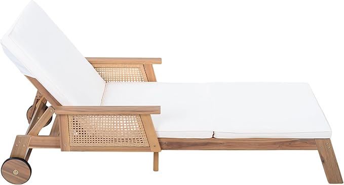 Merax 3-Pieces Retro Acacia Wood Outdoor Chaise Lounge with Wheels & 3-Position Adjustable Backrest, Vintage Wicker Sun Lounger with Plush Removable Cushion for Patio, Garden & Poolside, Acacia Wood