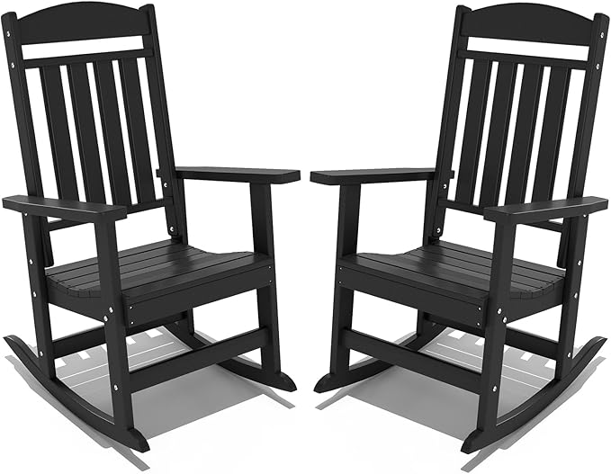 FOOWIN Outdoor Rocking Chair Set of 2, High Back Patio Rocking Chair, HDPE All Weather Resistant Porch Rocker for Adult, Oversized Rocking Chairs for Garden, Lawn, Indoor & Outdoor Use, Black