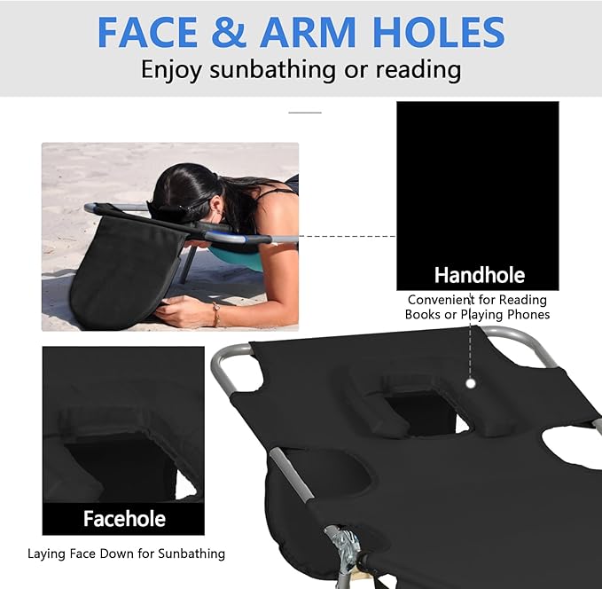 Folding Beach Lounge Chair with Face Hole and Arm Slots, 5-Level Adjustable Sun Lounger Tanning Chair with Pillow for Patio, Garden, Beach, Pool (Black)