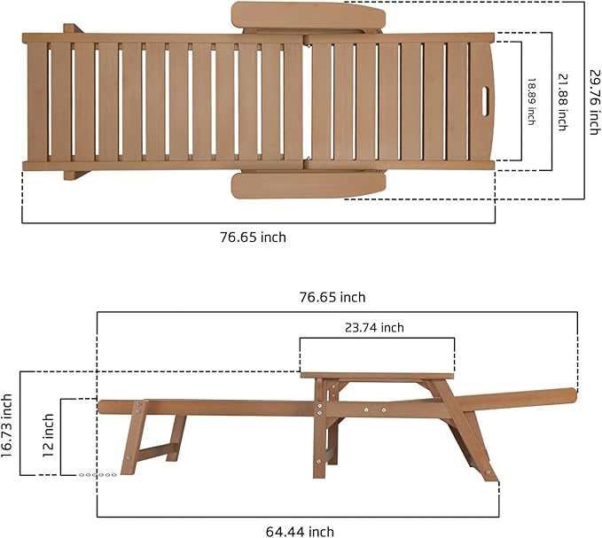 Psilvam Adjustable Chaise Lounge Chair - 350lb Capacity All-Weather Poly Lumber Recliner for Poolside, Patio, Porch - Light Brown