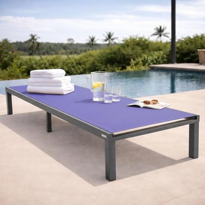 LeisureMod Marlin Aluminum Outdoor Chaise Lounge Chair - Mesh Sling Fabric Seat Black Aluminum Frame Beach, Pool Lounge Chair for Modern Patio Lawn, Garden and Backyard (Navy Blue)